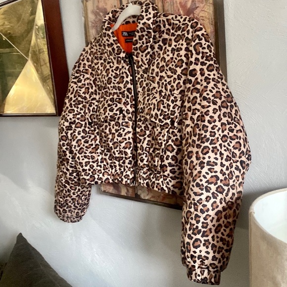 ZARA LEOPARD CROP PUFFER JACKET CROP PUFFER MOTO COAT ANIMAL PRINT FULL ZIP S - Picture 16 of 16
